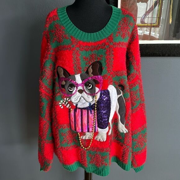 Holiday Time red/green fuzzy soft sequin/beads French bulldog appliqué sweater. - Picture 1 of 8